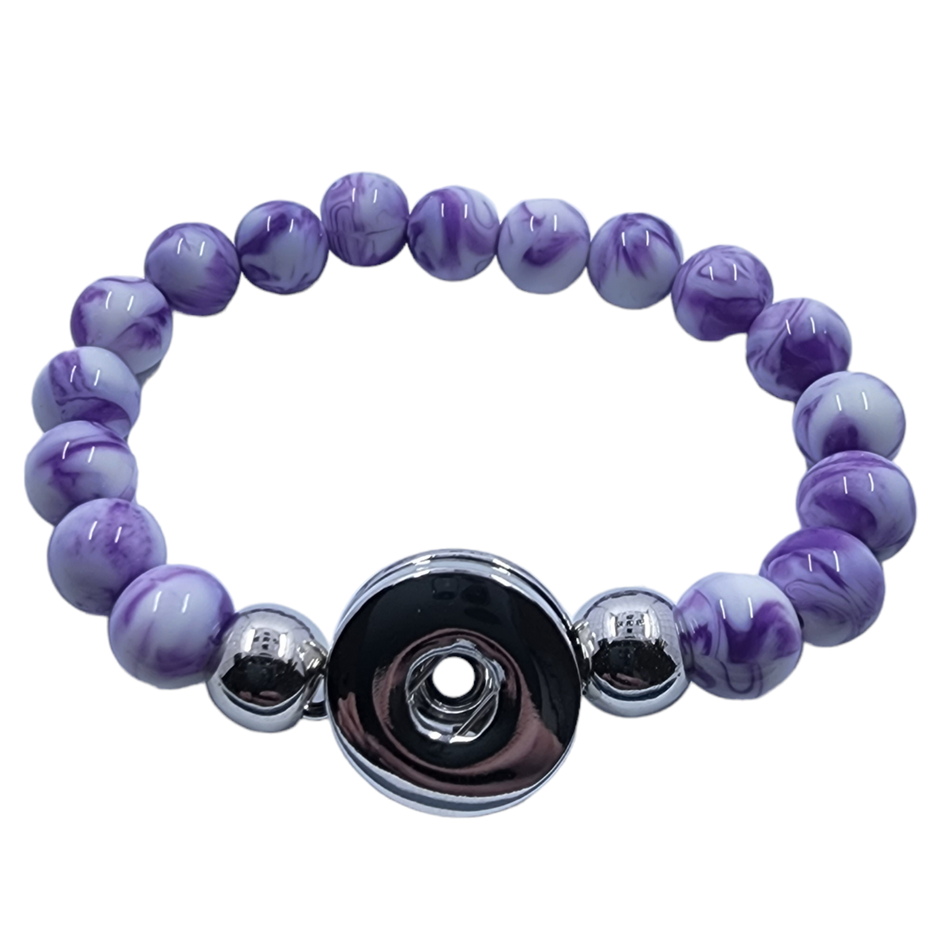 Purple and White Beaded Stretch Snap Bracelet