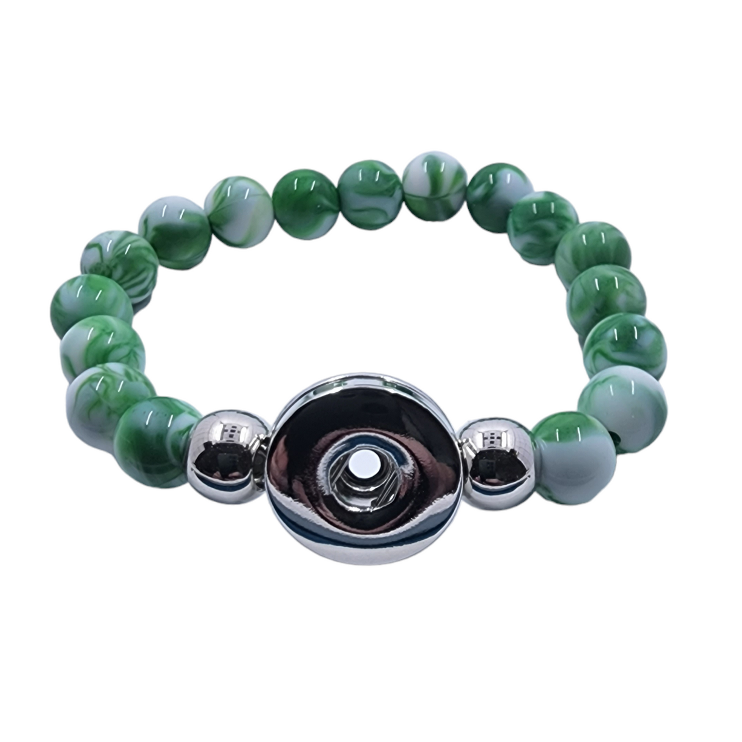 Green and White Beaded Stretch Snap Bracelet