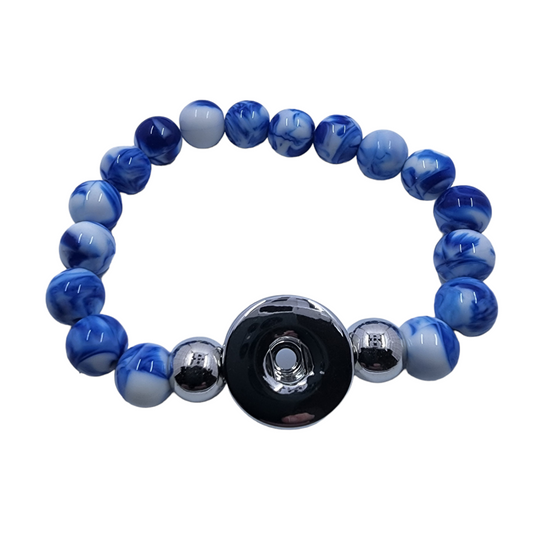 Blue and White Beaded Stretch Snap Bracelet