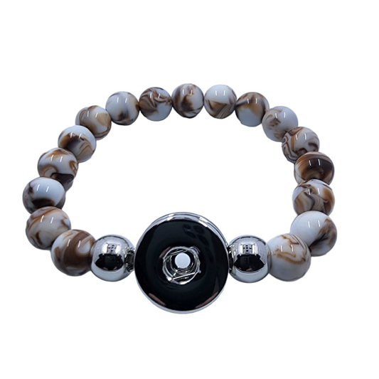 Brown and White Stretch Bead Snap Bracelet